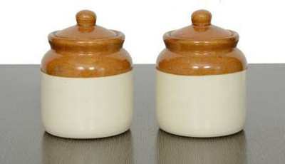 tyche enterprise Ceramic Pickle Jar  - 250 ml(Pack of 2, White, Brown)