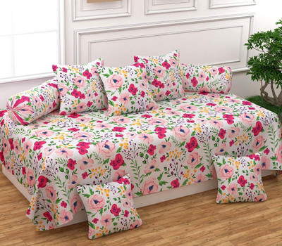 hargunz Polycotton Abstract Diwan Set(White, Multicolor)