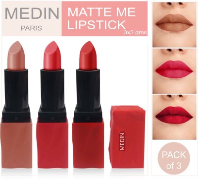 MEDIN super stone Waterproof Long Lasting matte lipsticks combo pack set of 3 color(pink red L Brown, 15 g)