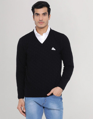 MONTE CARLO Self Design V Neck Casual Men Black Sweater