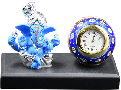 Natali Traders Natali Decorative Handmade Lord Ganesha Statue with Round Shape Table Top Watch for Home Decor, Kitchen-Living Room, Mandir, Temle Showpiece, Office Desk, Study Table, Car Dashboard, HouseWarming, All Purpose Decorative Showpiece - 9 cm(Polyresin, Multicolor)