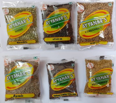 Ayyanar's Combo Pack of Cumin (Jeera), Black Pepper, Mustard, Ani-seed, Coriander & Fenugreek(Methi)(100 G x 6) 600Grams(6 x 0.1 kg)