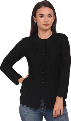eWools Embroidered Round Neck Casual Women Black Sweater
