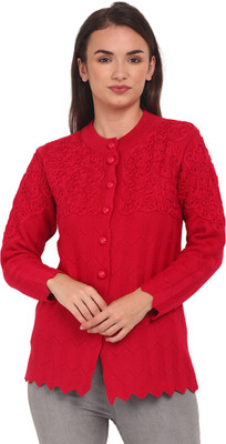 eWools Embroidered Round Neck Casual Women Red Sweater