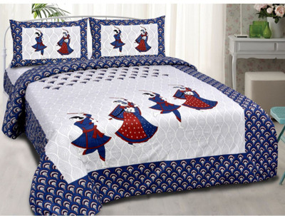G Craft Cotton Queen Flat 300 TC Jaipuri Prints Bedsheet(Pack of 1, Blue)