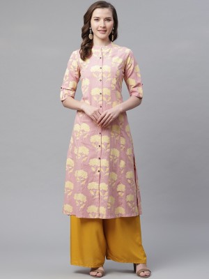 DIVENA Women Printed Straight Kurta(Pink, Beige)