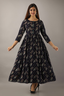 GLAM ROOTS Women Printed Anarkali Kurta(Blue)
