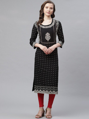 DIVENA Women Printed Straight Kurta(Black)