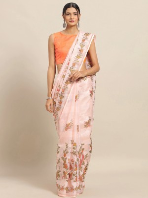 Ratnavati Floral Print Bollywood Cotton Linen Saree(Pink, Orange)