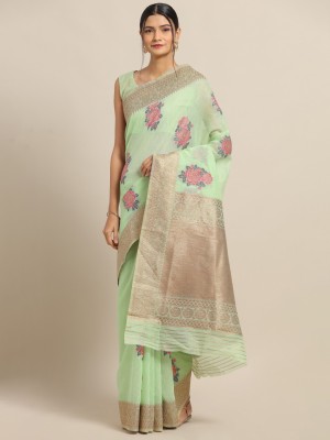 Ratnavati Floral Print Bollywood Cotton Linen Saree(Light Green)