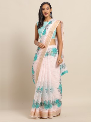 Ratnavati Floral Print Bollywood Cotton Linen Saree(Light Blue)