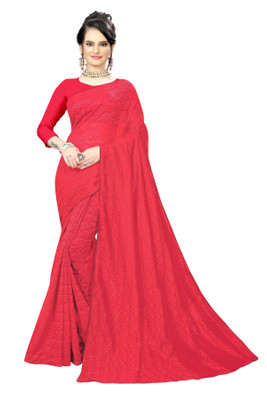 SAREEYA16 Solid/Plain Bollywood Net, Jacquard Saree(Red)