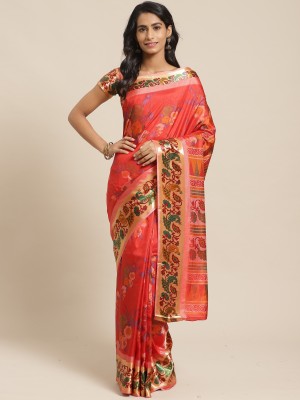 Ratnavati Floral Print Bollywood Art Silk, Cotton Silk Saree(Multicolor, Red)