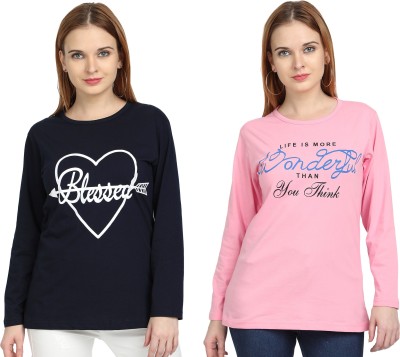 CHOZI Typography Women Round Neck Blue, Pink T-Shirt
