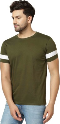 London Hills Sporty, Striped, Solid Men Round Neck Green T-Shirt