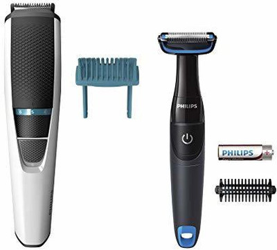 PHILIPS Cordless Grooming Kit – Trimmer + Body Grooming (White) Runtime: 45 min Grooming Kit for Men (White, Black)