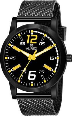 Aurex Elegant Black-Yellow Dial Patterned Black Strap Premium Watch for Men & Boys Analog Watch  - For Men