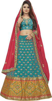 Hensi sarees shop Embroidered Semi Stitched Lehenga Choli(Green)