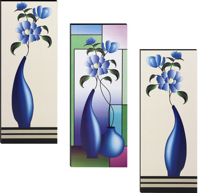 Indianara Blue Floral Art in a Vase 3 piece MDF Painting Digital Reprint 15 inch x 18 inch Painting Digital Reprint 13 inch x 6 inch Painting(Without Frame, Pack of 3)