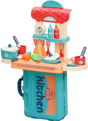 FIDDLERZ 3 in 1 Pretend to Play Little Chef's Kitchen Set with Portable Suitcase Design | Kitchen Set for Girls - 19 Pcs (Blue)