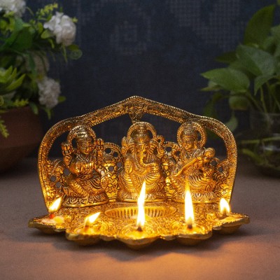 Fashion Bizz Lord Lakshmi Ganesha Saraswati idol with attached Diya stand for Home Decor Gift Item Decorative Showpiece  -  14 cm(Metal, Gold)