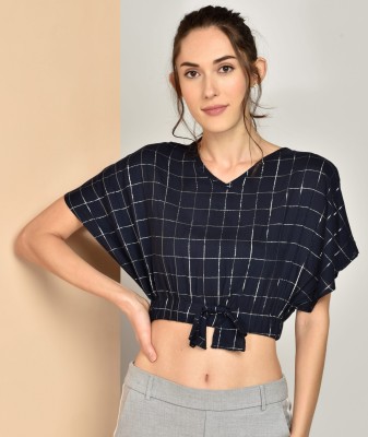 Chimpaaanzee Casual Half Sleeve Checkered Women Blue Top