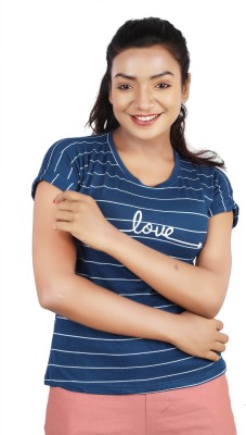 rayie collection Casual Short Sleeve Striped Women Blue Top