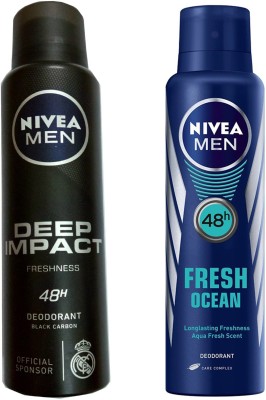 NIVEA MEN DEEP IMPACT FRESHNESS DEODORANT 150 ML + MEN FRESH OCEAN DEODORANT 150 ML Deodorant Spray  -  For Men & Women(300 ml, Pack of 2)