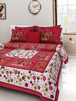 E ELMA Cotton King Flat 144 TC Jaipuri Prints Bedsheet(Pack of 1, Red)
