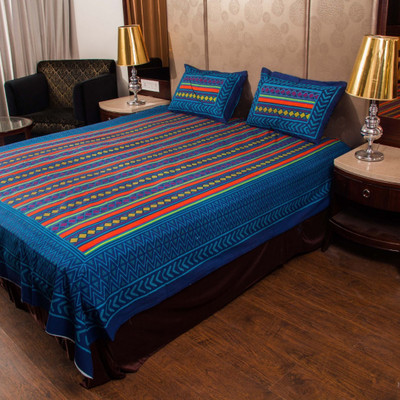 shree sd creation 144 TC Cotton Queen Jaipuri Prints Flat Bedsheet(Pack of 1, Blue)