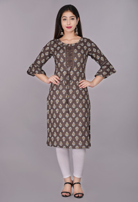 Pearl Ind Women Printed Straight Kurta(Grey)