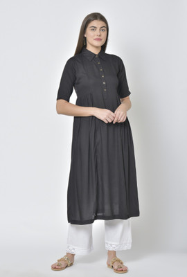 Pistaa Women Solid Flared Kurta(Black)