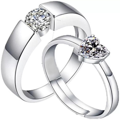 Silver Creations Adjustable Couple band ring set Alloy Cubic Zirconia Silver Plated Ring Set
