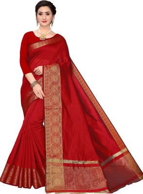 Leeza Store Self Design, Woven, Solid/Plain Assam Silk Cotton Blend Saree(Red)