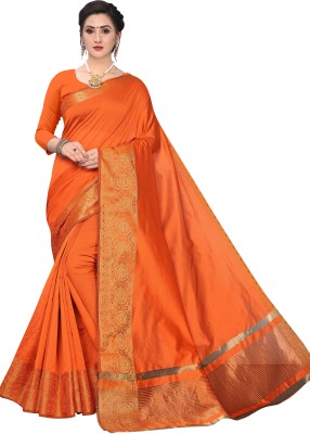 Leeza Store Self Design, Woven, Solid/Plain Assam Silk Cotton Blend Saree(Orange)