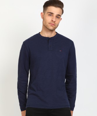 TOMMY HILFIGER Solid Men Henley Neck Dark Blue T-Shirt