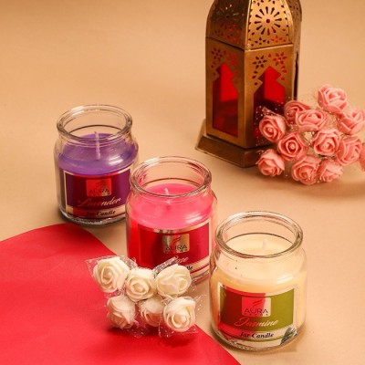 AuraDecor Set of 3 Cookie Highly Fragrance Jar Candle ( Jasmine, Rose & Lavender ) Burning Time 30 to 35 hours Approx. Each Candle(Multicolor, Pack of 3)