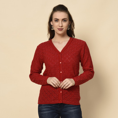 TAB91 Women Button Self Design Cardigan