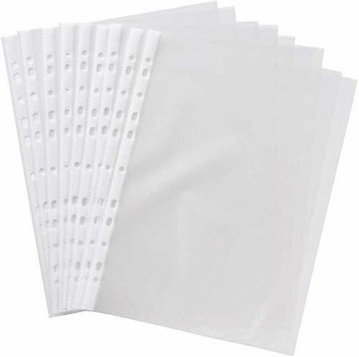 WeKonnect Glossy Transparent Document Sleeves, Clear Certificates | Water Proof Sheet Protectors 11 Holes Punched Ring Files A4 Size | 50 Microns (Pack of 100) Plastic Folders(Set Of 100, White)