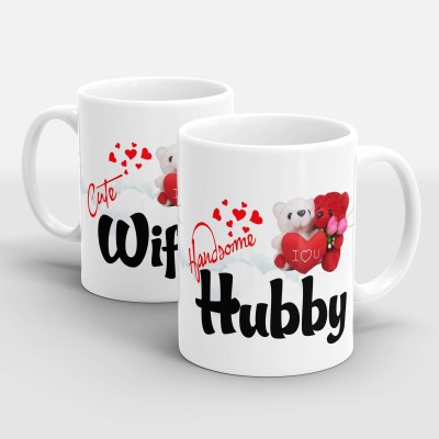 Sublikraft Hubby Wifey With Teddy Ceramic Coffee Mug(330 ml, Pack of 2)