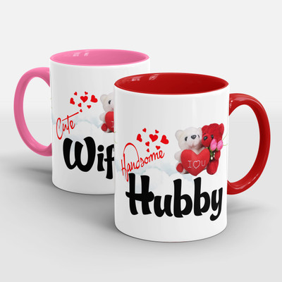 Sublikraft Hubby Wifey With Teddy 3 Tone Printed Ceramic Coffee Mug(330 ml, Pack of 2)
