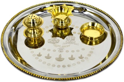 ME&YOU Silver Plated Pooja thali with brass decorative for Diwali Pooja Silver Plated, Brass(1 Pieces, Silver, Brown)