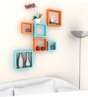 OnlineCraft room wall decor Wooden Wall Shelf(Number of Shelves - 6, Blue, Orange, Multicolor)