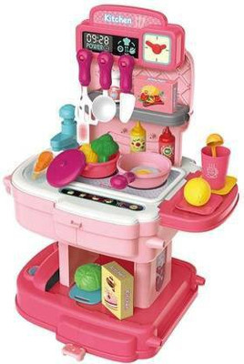 meeraenterprise 34 Piece School Bag Packing Pretend Play Cooking Game Modern Children Kitchen Set Toy for Kids Girls(Chef Kitchen)