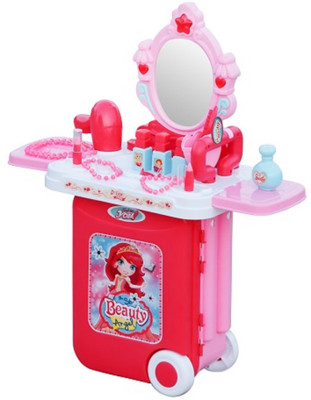 FIDDLERZ Pretend Play 3 in1 Beauty Makeup Toy Set for Little Girls with Light and Music Portable Trolley Beauty Set for Girls | Pretend Play Toy for Girls - 16 Pcs (Pink)