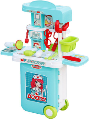 FIDDLERZ Pretend to Play Toy Doctor Set Case Workbench 3 in 1 Doctor Nurse Medical Box with Suitcase Trolley | Doctor Play Set for Toddler Boys Girls (Blue)