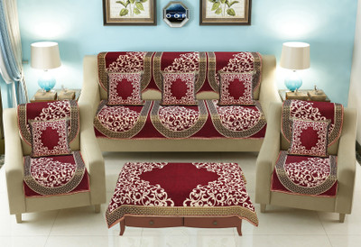 Rabhnoor Jacquard Checkered 3+1+1 Seater Sofa Cover(Maroon Pack of 12)