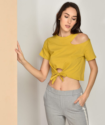 Chimpaaanzee Casual Short Sleeve Solid Women Yellow Top