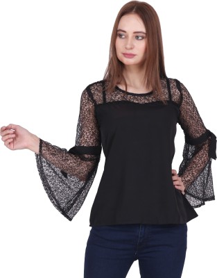 RNU CREATIONS Party Bell Sleeve Self Design Women Black Top