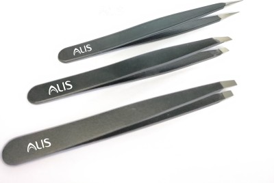 alis Stainless Steel Slant Tip and Pointed Eyebrow Tweezer Set - Great Precision for Facial Hair, Ingrown Hair, Splinter and Blackhead Remove Set of 3 pcs